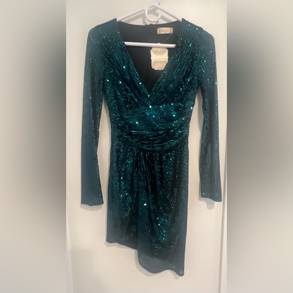 Altar'd State Teal Long Sleeve Sequin Dress